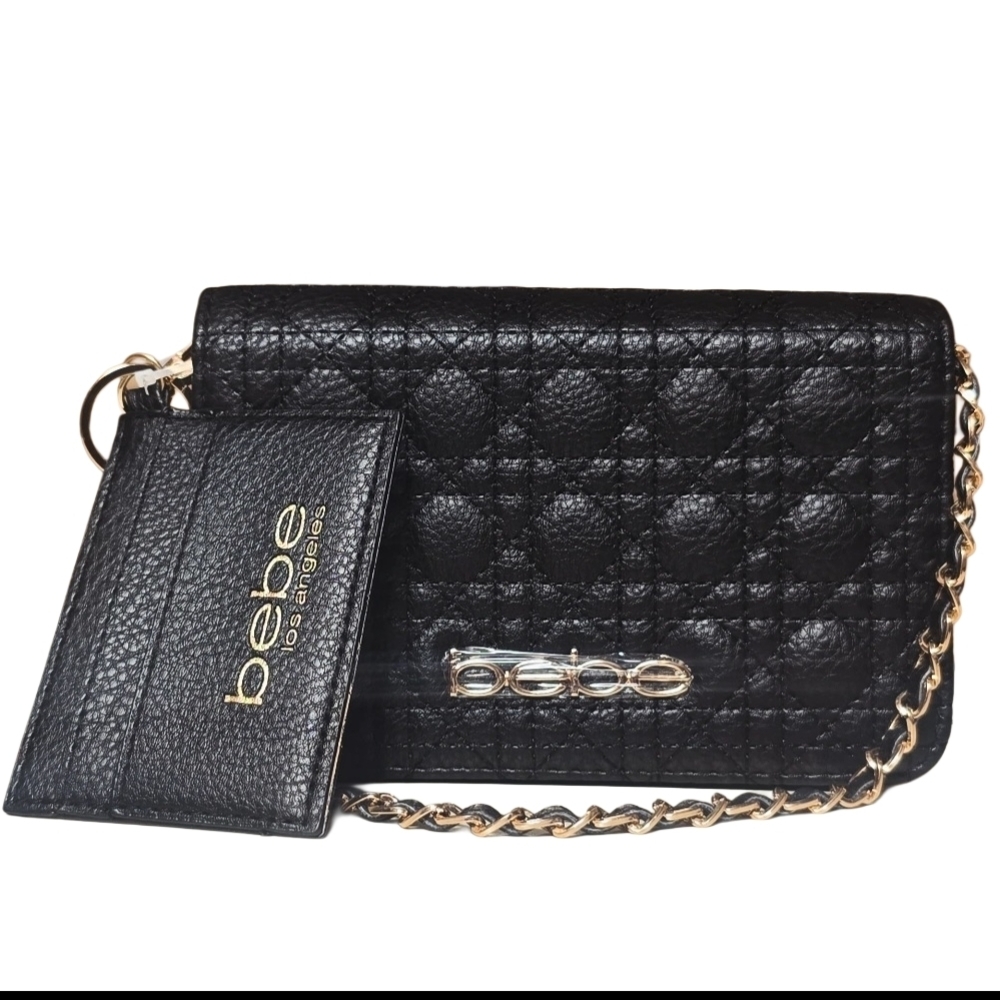 bebe Black Quilted Wallet Crossbody with Gold Chain